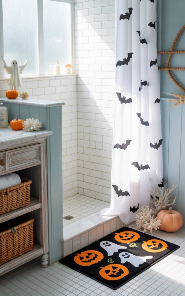 A coastal-style bathroom featuring soft blue and white tones with natural textures, elegantly accented for Halloween. The focal point is a vibrant orange and black shower doormat displaying playful Halloween motifs like smiling pumpkins and friendly ghosts, positioned in front of a glass shower with a white curtain adorned with scattered black bat silhouettes. Light driftwood vanity elements, woven seagrass baskets, and white subway tiles create the beachy foundation, while small seasonal touches include mini orange pumpkins nestled among white coral decorations and a tiny white ghost figurine perched on the marble countertop. Soft natural light filters through a frosted window, casting gentle shadows that enhance both the airy coastal atmosphere and the whimsical Halloween charm.