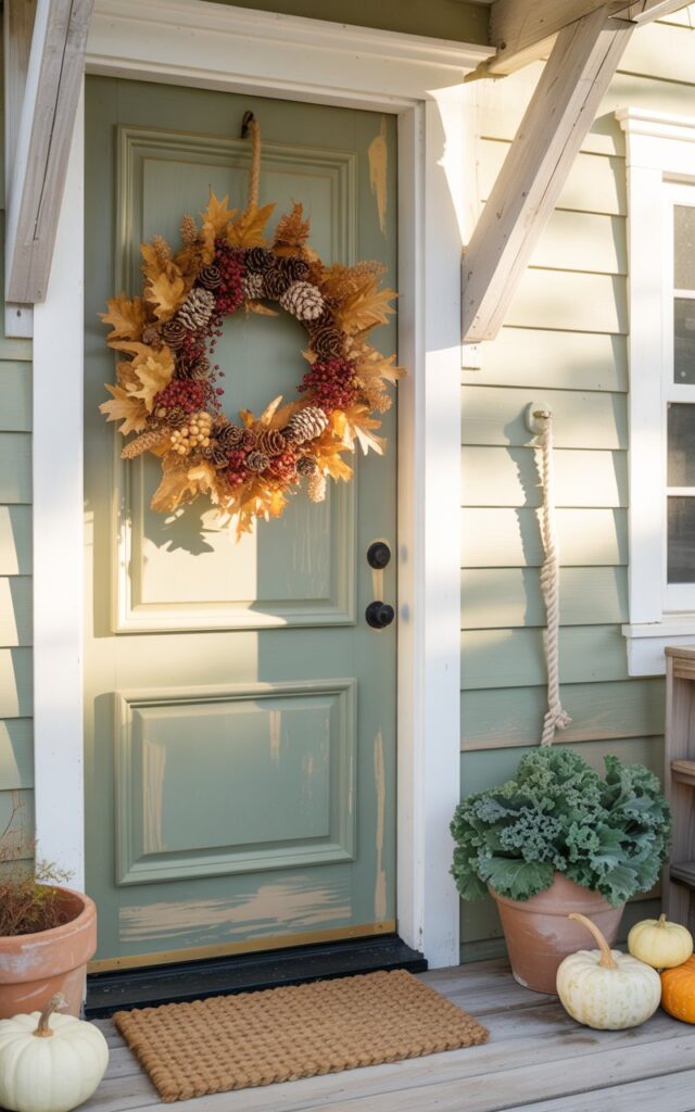 A photograph of a charming coastal-style house exterior showcasing a welcoming front door painted in soft sage green with weathered charm. The door is adorned with a rustic fall wreath crafted from golden dried oak leaves, small brown pinecones, and clusters of deep burgundy berries, creating beautiful texture and autumn warmth. The home features light cream clapboard siding with white trim and subtle nautical touches like rope details and weathered wood accents. Gentle morning sunlight filters through, casting delicate shadows that enhance the wreath's natural textures, while a woven jute doormat, terracotta pots filled with ornamental kale, and small pumpkins complete the cozy beachy autumn scene.