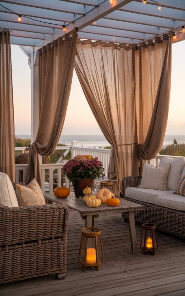 A photograph of an elegant coastal-style house porch decorated for autumn at dusk, featuring flowing outdoor curtains in soft beige and warm taupe tones that billow gently in the evening breeze. The seating area showcases weathered wicker furniture with plush cream cushions, a rustic wooden coffee table adorned with miniature orange pumpkins, burgundy potted chrysanthemums, and glowing hurricane lanterns. The fading golden sunlight filters through the drapes and casts warm honey-colored shadows across the wooden deck planks, while string lights begin to twinkle overhead. In the background, glimpses of coastal landscape and the distant ocean create a serene backdrop that perfectly complements the cozy fall atmosphere.