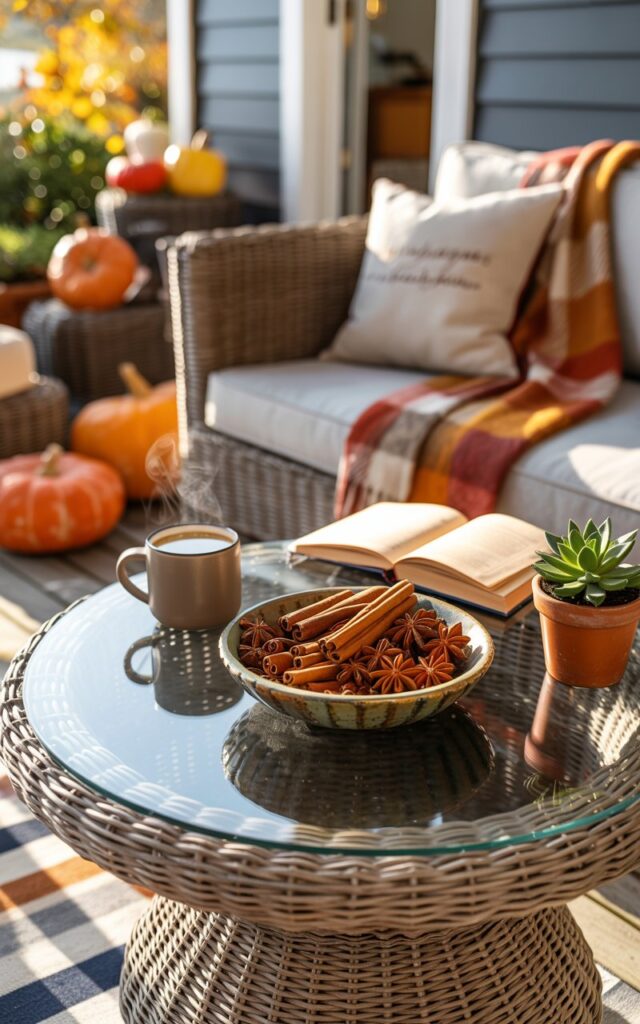 A photograph of a coastal-style house porch decorated for autumn, with a sleek glass-top side table serving as the elegant focal point of the scene. On the table sits a rustic ceramic bowl overflowing with aromatic cinnamon sticks and star anise, their rich brown textures beautifully contrasted against the transparent glass surface, accompanied by a steaming coffee mug, an open leather-bound book, and a small succulent in a terracotta pot. The surrounding porch features a comfortable wicker chair adorned with cream-colored cushions and a soft plaid throw in muted oranges and browns, while several pumpkins in warm amber and burnt orange tones are artfully scattered around the space. Golden morning sunlight streams across the scene, creating gentle highlights that accentuate the intricate textures of the spices, the reflective glass table surface, and the cozy autumn accessories.