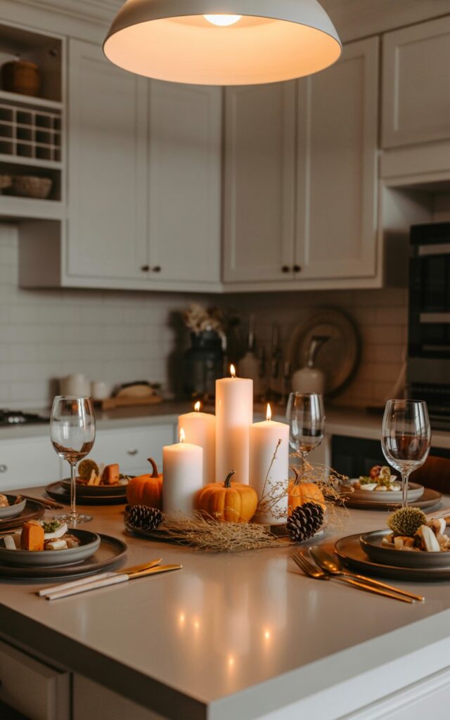 A photograph of a coastal-style kitchen island at nighttime, featuring whitewashed cabinetry and a warm pendant light casting a golden glow over the space. The island's neutral-toned surface showcases four white pillar candles of varying heights arranged in perfect symmetry, their flames flickering softly among mini orange pumpkins, scattered pinecones, and delicate dried wheat stalks. Around the cozy autumn centerpiece, ceramic plates filled with seasonal food, polished silverware, and wine glasses are thoughtfully arranged, creating an inviting dining setup. The soft pendant lighting reflects off the island's surface while gentle shadows dance across the whitewashed cabinets, creating a serene and intimate atmosphere perfect for autumn entertaining.