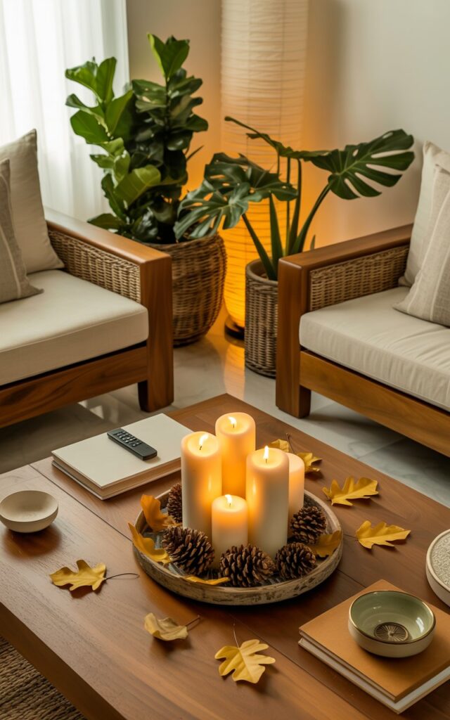 A contemporary-Balinese style living room showcasing clean architectural lines with rich teak wood furniture and woven rattan accents. The spacious seating area features cream linen cushions and throws, while tall fiddle leaf figs and monstera plants in handwoven baskets bring tropical greenery indoors. At the center, a low wooden coffee table displays an elegant decorative tray holding four to five white pillar candles of varying heights, artfully surrounded by golden pinecones and scattered amber faux leaves for an autumn touch, with neatly arranged books, a sleek remote, and small ceramic bowls completing the vignette. Soft ambient lighting from paper lanterns and floor lamps casts a warm golden glow across the natural textures, creating a serene fusion of tropical minimalism and cozy fall atmosphere.
