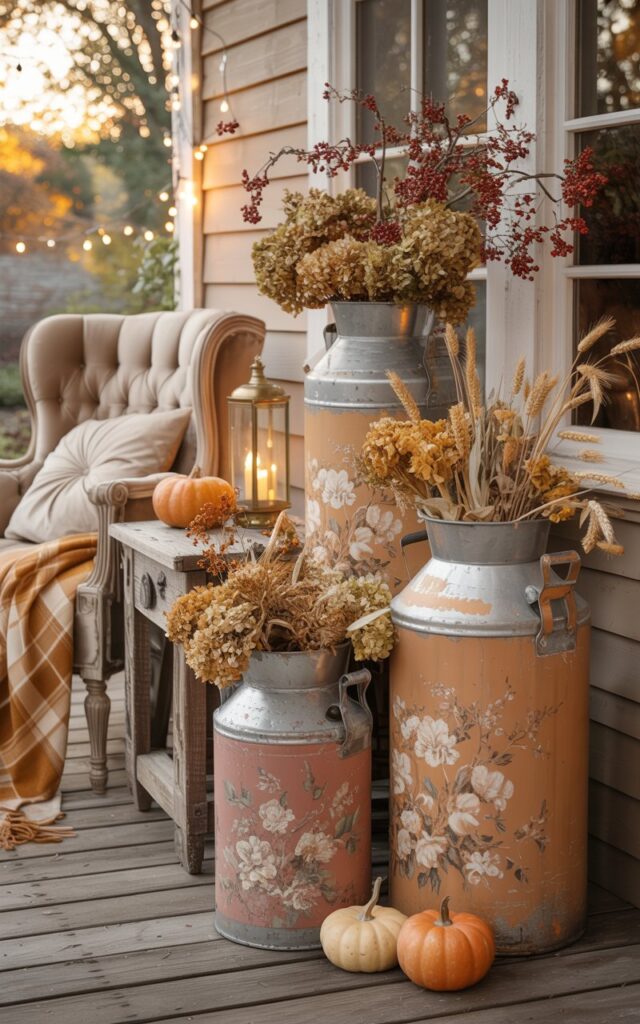 A dreamy cottagecore photograph of an elegantly decorated fall porch featuring three vintage milk cans painted in soft burnt orange and creamy white with delicate floral patterns. Each weathered milk can overflows with dried hydrangeas, golden wheat stalks, and branches dotted with clusters of ruby red berries, creating abundant rustic arrangements. The porch showcases a tufted velvet armchair with ivory cushions, draped with a cozy plaid throw in warm amber tones, positioned beside a distressed wooden side table holding a glowing brass candle lantern. Delicate string lights twinkle overhead while plump orange pumpkins nestle around the milk cans, all bathed in the soft golden glow of late afternoon sunlight that creates a magical fairytale atmosphere.