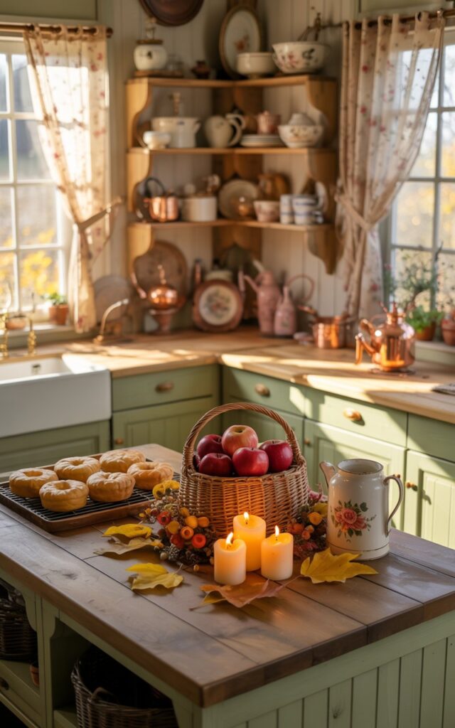 A cottagecore-style kitchen photograph featuring a fully furnished island overflowing with cozy, nostalgic charm and autumn warmth. In the center of the weathered wooden island sits a small wicker basket artfully arranged with glossy crimson apples, scattered golden and amber autumn leaves, and several softly flickering ivory candles casting a gentle glow. The kitchen showcases sage green and cream pastel cabinetry, open rustic wooden shelves displaying delicate ceramic dishes and vintage mason jars, while lace curtains with tiny floral patterns filter warm honey-colored sunlight streaming through the windows. Surrounding the island are antique copper utensils, a porcelain teapot with hand-painted roses, and freshly baked golden pastries on cooling racks, creating a lived-in storybook atmosphere that feels like stepping into a countryside fairytale.