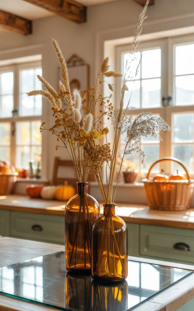 A close-up vignette photograph of two amber glass bottles clustered together on a glass-top kitchen island, each filled with dried wheat stalks, delicate pampas grass plumes, and preserved wildflowers in warm golden and cream tones. The bottles catch and filter the soft daylight streaming through multi-paned windows, creating beautiful light patterns and highlighting the intricate textures of the dried botanicals within. In the softly blurred background, hints of a cozy countryside kitchen emerge—exposed wooden ceiling beams, sage green cabinetry, small orange pumpkins, and woven wicker baskets that complete the rustic autumn styling. The entire scene is bathed in warm, golden light that creates a calm, nostalgic atmosphere reminiscent of a peaceful fall morning.