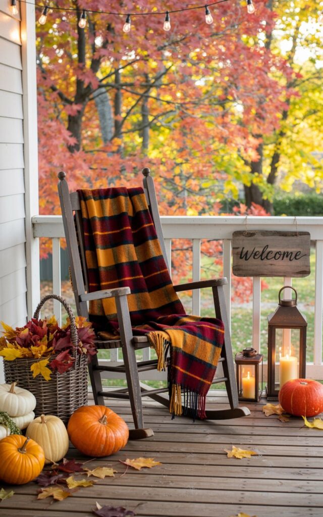 A photograph of a charming Americana-style front porch decorated for autumn, with a weathered wooden rocking chair draped in a cozy plaid blanket featuring deep burgundy and golden mustard stripes. The porch is thoughtfully adorned with orange and cream pumpkins of varying sizes scattered across the wooden planks, alongside a rustic woven basket overflowing with crimson and amber fall leaves. Vintage-style lanterns with flickering candles cast a warm honey-colored glow across the scene, while a handcrafted wooden welcome sign rests against the white porch railing. Delicate string lights twinkle softly overhead, and golden afternoon sunlight filters through the vibrant red, orange, and yellow foliage of nearby maple trees, creating dappled light patterns and an inviting, peaceful atmosphere.