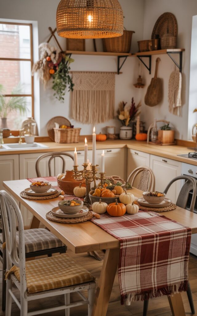 A warm and inviting photograph of a Cottagecore-Boho kitchen with an adjoining dining area, showcasing natural wood beams, woven baskets, and macrame wall hangings. The centerpiece wooden dining table is adorned with a burgundy and cream plaid table runner, surrounded by mismatched vintage chairs with woven cushions in earthy tones. The table is thoughtfully styled with mini orange and white pumpkins, flickering pillar candles in brass holders, ceramic bowls filled with autumn harvest foods, and rustic stoneware plates. A woven rattan pendant light casts a golden glow over the scene, while dried pampas grass and hanging herbs add bohemian touches to the cozy, lived-in atmosphere.