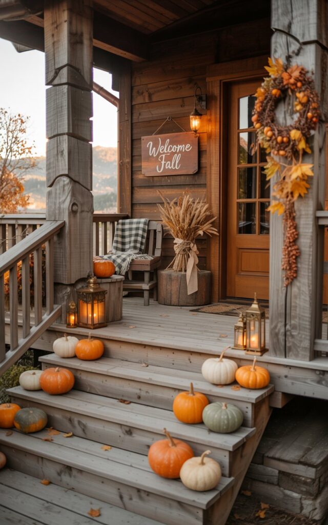 A photograph of a charming alpine chic house porch with wide wooden stair steps, each adorned with 4-5 mini pumpkins in varying shades of orange, cream, and sage green arranged in neat rows. The porch showcases rich natural wood planking and weathered stone pillars, complemented by cozy fall decorations including buffalo plaid blankets draped over rustic wooden chairs, vintage brass lanterns glowing with warm LED lights, and bundled dried wheat sheaves tied with burlap ribbon. A handcrafted wooden sign reading "Welcome Fall" in elegant script hangs near the entrance, surrounded by cascading autumn garlands of maple leaves and acorns. Soft golden sunset light filters through the scene, casting long shadows across the textured wood and creating a warm, inviting mountain-lodge atmosphere perfect for the harvest season.