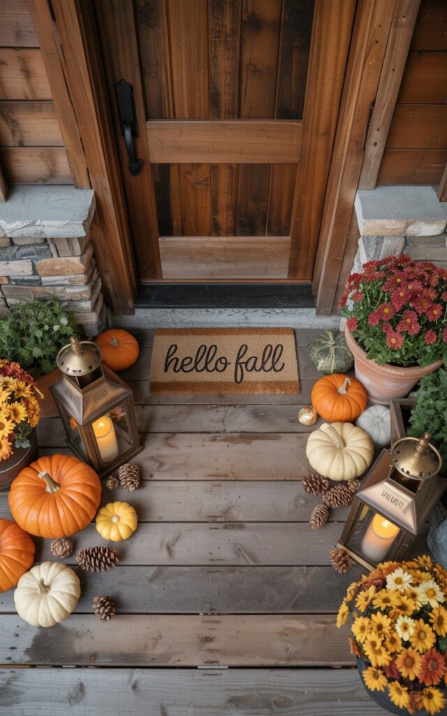 A top-down photograph of a charming alpine chic house entrance decorated for autumn, centered on a seasonal doormat reading "Hello Fall" in rustic lettering. The porch showcases rich reclaimed wood planking and natural stone accents, adorned with carefully arranged orange and cream pumpkins of varying sizes, vintage brass lanterns glowing with warm LED candles, scattered pinecones, and terracotta pots filled with burgundy and golden mums. The sturdy wooden door features heavy iron hardware and weathered timber planks characteristic of a mountain lodge, framed by the thoughtfully curated fall decorations. Soft natural daylight filters across the scene, highlighting the varied textures of wood grain, stone, and autumn foliage to create an inviting seasonal welcome.