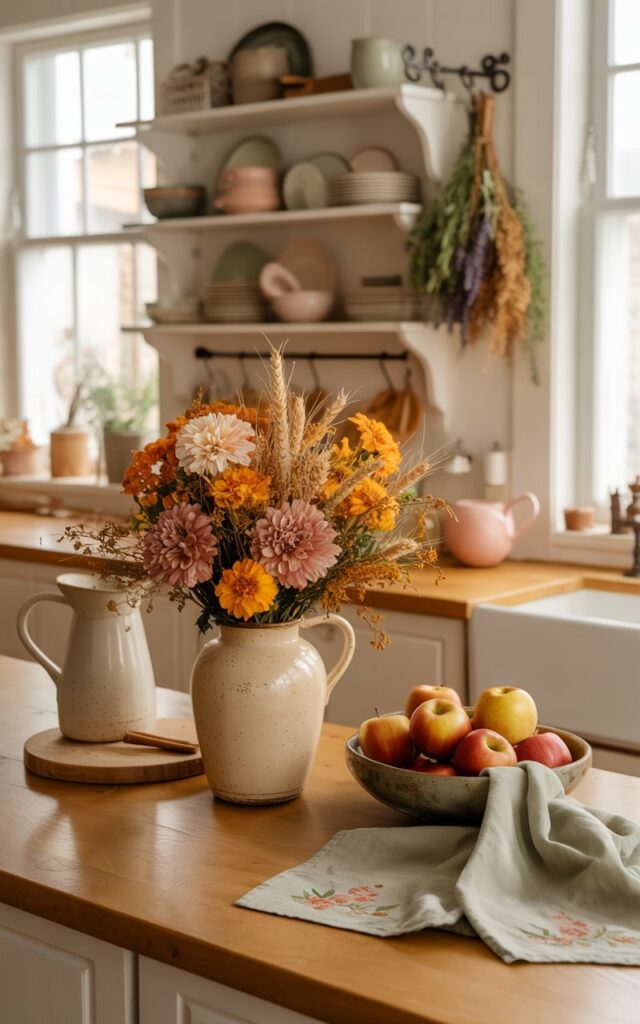 A warm, inviting cottagecore-style kitchen photograph featuring a fully furnished wooden island as the centerpiece, bathed in soft natural light streaming through nearby windows. The island displays a charming autumn floral arrangement of muted orange marigolds, dusty rose dahlias, and golden wheat stems in a cream ceramic vintage-style vase, with cinnamon sticks artfully tucked among the blooms. Surrounding the arrangement are carefully placed essentials: a well-worn wooden cutting board, a rustic bowl filled with crimson and golden apples, an ivory ceramic pitcher, and sage green linen tea towels with delicate embroidered edges. The background reveals open wooden shelving lined with mismatched vintage dishware in soft pastels, bundles of dried lavender and rosemary hanging from wrought iron hooks, and walls painted in warm cream tones that enhance the cozy, whimsical atmosphere of this autumn-dressed cottage kitchen.