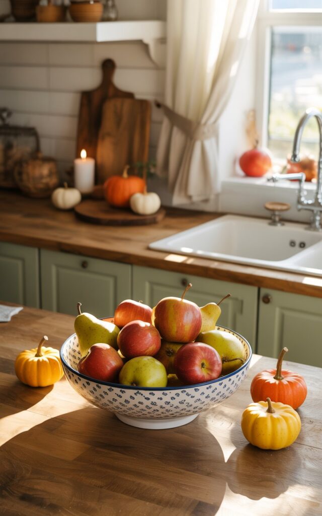 A cozy cottagecore-style kitchen with a wooden counter featuring a decorative patterned bright bowl filled with shiny mini apples and pears as a seasonal centerpiece. Surrounding the bowl are fall essentials like small pumpkins, a rustic cutting board, and a few candles. The kitchen has natural wood textures, a sink, a curtained window , and soft sunlight.