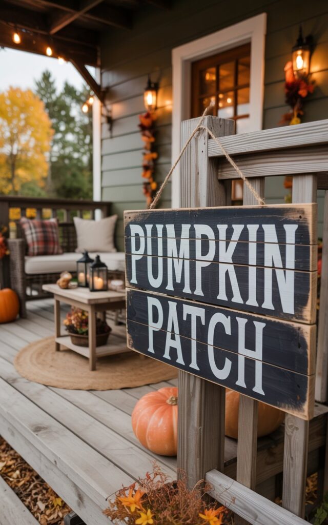A cozy fall-decorated porch of a farmhouse-style house featuring a rustic “Pumpkin Patch” sign made from reclaimed wood hanging on the front wooden railing. The focus is on the signboard, with its hand-painted white lettering and weathered wood texture glowing softly under warm evening light. Behind it, the porch includes a seating area with plaid cushions, a woven floor rug, a small side table with lanterns, and scattered pumpkins. Subtle string lights and fall garlands frame the space, while the reclaimed sign steals the show as the charming, homey centerpiece of the entire fall setup.