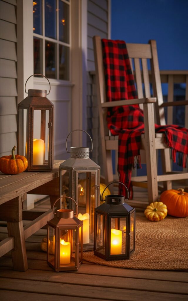 A photograph of a charming farmhouse-style porch at nighttime, featuring a cluster of 3-4 vintage lanterns in varying sizes with different metal finishes—weathered bronze, matte black, and aged copper—arranged on a woven jute area rug near rustic wooden seating. Each lantern glows with warm LED candles, casting flickering golden light that dances across the wooden floorboards and highlights the rich textures of the metal frames. A comfortable wooden rocking chair draped with a red and black buffalo plaid throw sits nearby, surrounded by small orange pumpkins and mini gourds scattered across the porch. The warm candlelight creates intimate pools of amber illumination against the deep blue night sky, emphasizing the cozy textures of weathered wood, soft fabric, and burnished metal in this inviting autumn retreat.