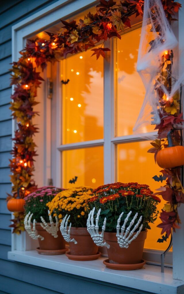A close-up photograph of a charming home window viewed from outside during the golden hour of dusk, warmly lit from within and decorated for autumn and Halloween. The windowsill displays 2-3 terracotta pots filled with vibrant orange mums and deep red foliage, each cleverly concealing realistic white skeleton hands that appear to be emerging from the soil in playful, spooky poses. The window frame is adorned with cascading garlands of amber and crimson fall leaves, miniature orange pumpkins, delicate warm white string lights that twinkle softly, and subtle Halloween touches including tiny black paper bats and wispy artificial spider webs in the corners. The warm amber glow from inside the home creates a welcoming contrast against the deepening twilight sky, casting gentle shadows and highlighting the festive seasonal display.