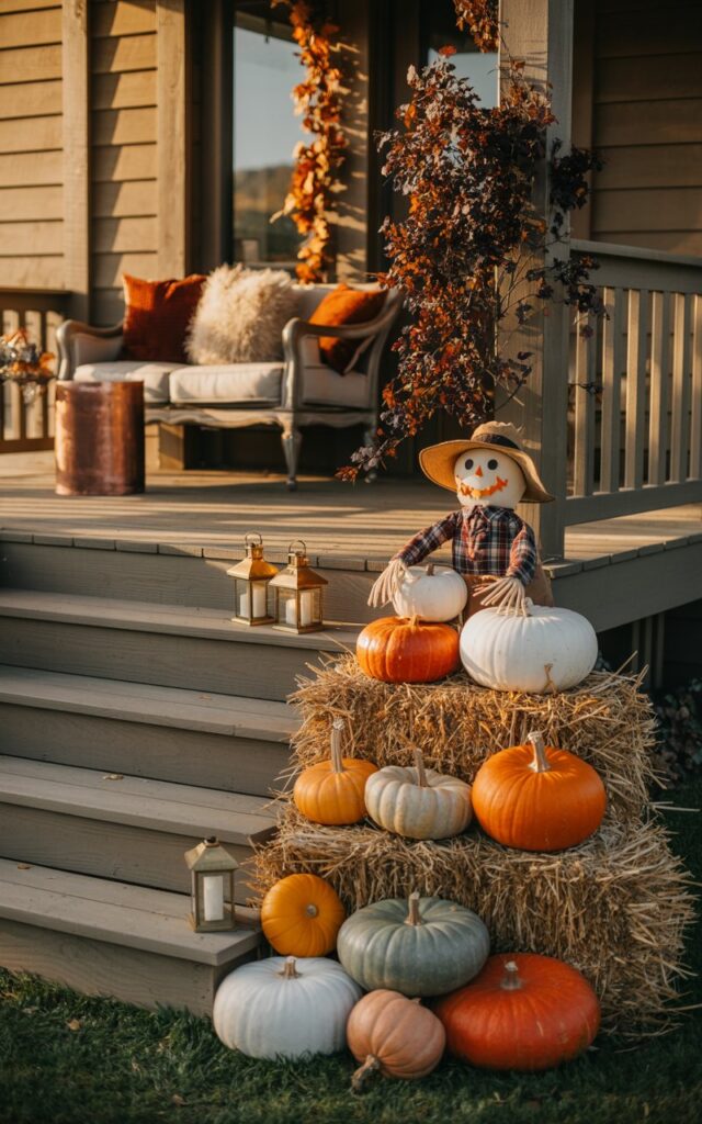 A photograph of an elegant farmhouse porch decorated for autumn, bathed in soft golden morning sunlight. The wooden porch features sophisticated seating with plush cream and rust-colored cushions, accented by brass lanterns and copper planters that add subtle metallic glamour to the rustic setting. Near the steps, a charming tower of mini hay bales supports an arrangement of orange, white, and sage green pumpkins of varying sizes, crowned by a cheerful scarecrow with a burlap hat and flannel shirt. Cascading autumn foliage in deep burgundy and amber tones drapes around the railings, while the warm morning light creates beautiful texture highlights across the weathered wood, woven hay, and smooth pumpkin surfaces.