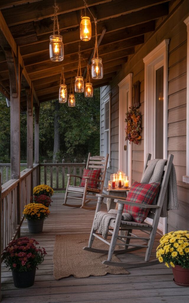 A photograph of a rustic farmhouse porch at night, bathed in the warm, flickering glow of mason jar lanterns suspended from the wooden ceiling by natural twine. The porch is furnished with weathered wooden rocking chairs adorned with red and navy plaid cushions, chunky knit throws draped casually over the armrests, and a vintage braided rug beneath. Potted mums in autumn hues of orange and burgundy line the porch rail alongside a handcrafted fall wreath hanging on the front door. The soft candlelight from the mason jars casts dancing shadows across the exposed wooden beams and distressed planked walls, creating an inviting country sanctuary under the starlit sky.