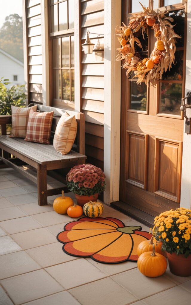 A photograph of a charming farmhouse porch decorated for autumn, featuring warm wooden railings and neutral-toned tile flooring. In front of the weathered wooden door sits a playful pumpkin-shaped doormat in vibrant orange, surrounded by small decorative gourds and potted chrysanthemums in rich burgundy and golden yellow hues. A rustic wooden bench with plaid cushions in warm earth tones lines one side of the porch, while a full autumn wreath adorned with dried corn husks and miniature pumpkins hangs on the door. Soft morning sunlight filters across the scene, casting gentle shadows and creating a welcoming glow that highlights the festive seasonal decorations and cozy farmhouse charm.