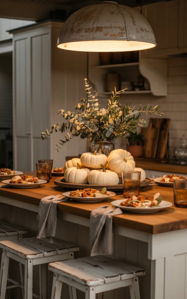 A warm photograph of a farmhouse-style kitchen at night, centered around a cozy wooden island bathed in the gentle glow of a rustic pendant light. The island features a charming autumn centerpiece of creamy white pumpkins artfully arranged with silvery eucalyptus sprigs and delicate olive branches, creating an elegant yet simple focal point. Surrounding the centerpiece are plates of comfort food, amber-tinted glasses, and weathered wooden serving pieces, while distressed wooden bar stools are tucked neatly beneath the island's overhang. Soft pendant lighting casts a golden warmth across the natural wood grain and neutral linen textures, creating intimate shadows that enhance the cozy autumn atmosphere perfect for a peaceful fall evening.
