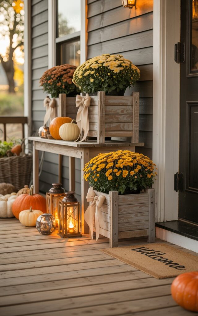 A photograph of a charming farmhouse-style porch decorated for autumn, with three weathered wooden planters arranged in a neat row beside the front entrance. Each planter overflows with golden mums and rustic foliage, adorned with cream-colored burlap bows tied in casual, country-style knots. The porch is dotted with orange and cream pumpkins of varying sizes, glowing amber lanterns casting warm light, and a woven doormat reading "Welcome" in earthy script. Soft golden hour lighting filters through the scene, highlighting the weathered wood grain of the porch boards and creating a cozy, inviting atmosphere perfect for the fall season.