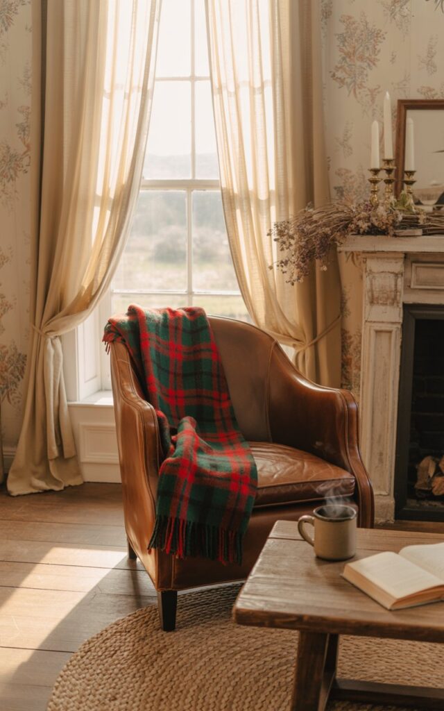 A cozy photograph of a fully furnished countryside living room centered around a well-worn leather armchair with a red and green plaid wool blanket casually draped over one arm. The chair sits beside a tall window dressed with flowing cream-colored sheer curtains, positioned near a rustic stone fireplace mantel adorned with vintage brass candlesticks and dried wildflowers. A weathered oak coffee table holds a steaming ceramic mug and open book, while a braided jute rug anchors the seating area against walls covered in soft floral wallpaper. Gentle afternoon sunlight filters through the curtains, casting warm golden rays across the hardwood floors and creating a peaceful, lived-in atmosphere.
