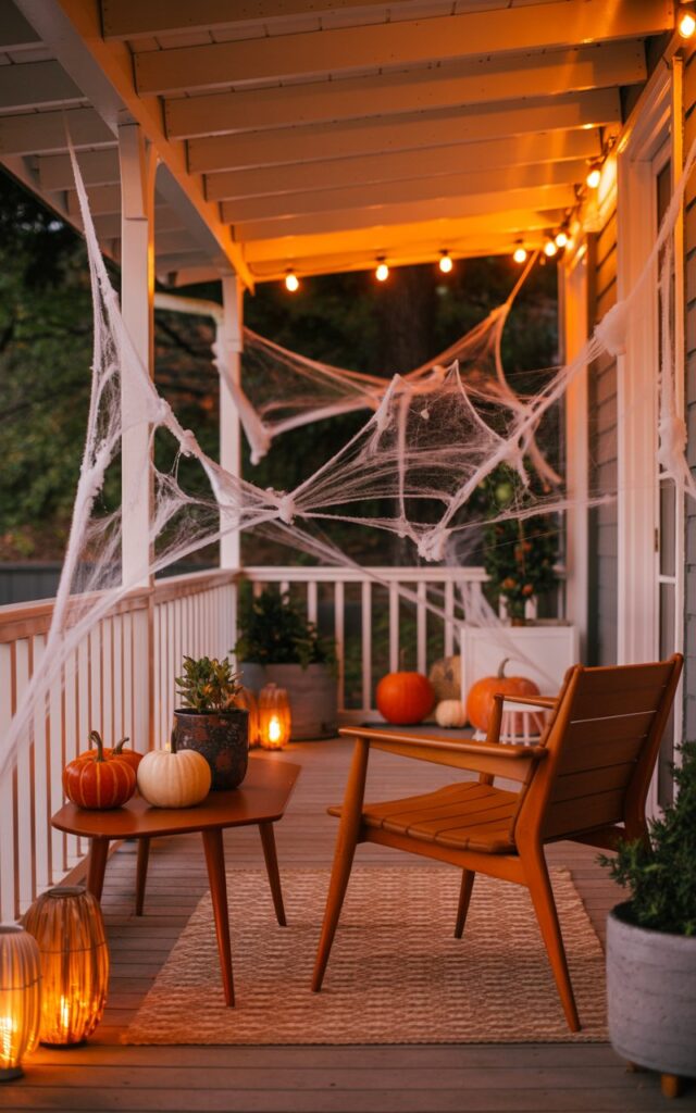 A photograph of a mid-century modern porch decorated for Halloween, showcasing sleek wooden furniture with clean geometric lines and tapered legs arranged on a warm hardwood floor with a geometric patterned area rug. Delicate faux spiderwebs are artfully draped across the corners and porch railings, while mini orange and white pumpkins are thoughtfully placed alongside potted plants in ceramic planters. Soft orange string lights are strung along the ceiling beams and railings, casting a warm amber glow that complements the cozy lanterns positioned throughout the space. The scene captures the perfect blend of sophisticated mid-century design with playful Halloween charm, creating an inviting autumn atmosphere bathed in golden evening light.