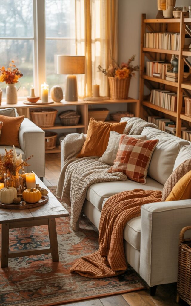 A photograph of a modern Cottagecore living room decorated for autumn, featuring a plush cream sofa and matching accent armchair draped with layered throw blankets in chunky knits, soft wool, and warm plaid patterns in rust, sage, and ivory tones. The space showcases natural wood furniture including a vintage-inspired coffee table adorned with small pumpkins, dried wheat stalks, and flickering pillar candles in glass holders. Large windows with flowing sheer curtains allow soft golden sunlight to filter through, illuminating woven storage baskets, open wooden shelving lined with well-worn books, and a richly patterned area rug in earthy browns and deep oranges. The cozy atmosphere is completed by warm ambient lighting from table lamps with linen shades and cottage-style details like ceramic vases filled with dried autumn florals.