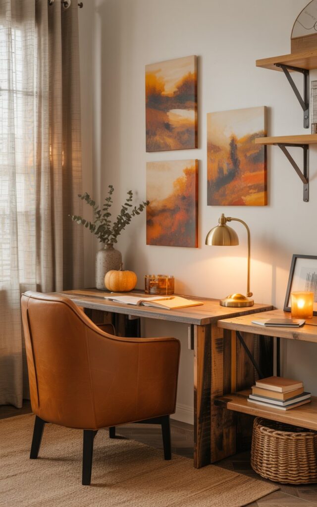 A photograph of a modern rustic study room with an accent wall displaying 2-3 warm-toned artwork pieces featuring abstract autumn landscapes in burnt orange and deep brown hues. The space centers around a reclaimed wood desk paired with a plush leather chair in rich cognac, while a brass desk lamp casts a warm golden glow across scattered books and papers. Natural textures fill the room through woven jute rugs, linen curtains, and metal shelf brackets, complemented by subtle fall décor including a small amber pumpkin, dried eucalyptus stems in a ceramic vase, and a flickering vanilla candle. Soft afternoon light filters through sheer curtains, creating gentle shadows that enhance the cozy, productive atmosphere of this thoughtfully curated workspace.