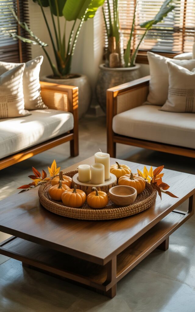 A beautifully styled transitional-Balinese living room with a sleek dark wood coffee table as the centerpiece, topped with an elegant woven rattan tray. The tray holds a curated collection of mini orange pumpkins, cream pillar candles, and natural wooden bowls, while faux amber and rust-colored autumn leaves are artfully scattered around the display. The space features clean-lined furniture with warm teak accents, oversized tropical plants in ceramic planters, and soft cream linen cushions on a low-profile sectional sofa. Gentle afternoon sunlight streams through bamboo blinds, casting dappled shadows across the polished concrete floors and highlighting the harmonious blend of modern sophistication and tropical serenity.