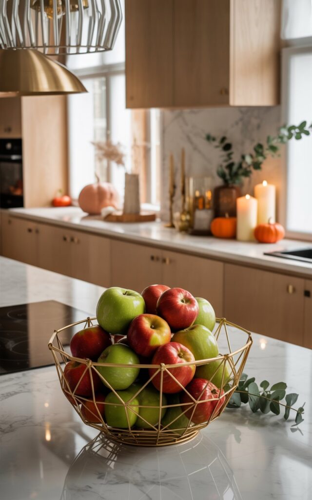 A modern dining area showcasing a harmonious blend of glamorous and Scandinavian design elements, featuring clean lines and sophisticated minimalism. The space is anchored by a sleek kitchen island topped with a geometric wire basket filled with glossy red and green apples, their vibrant colors creating a striking focal point against the neutral palette. Light oak wood surfaces are accented with brushed gold hardware and pendant lights, while small terracotta pumpkins, ivory pillar candles, and sprigs of eucalyptus are artfully arranged throughout the space. Soft natural light floods through large windows, highlighting the polished marble countertops and creating a warm, inviting atmosphere that perfectly balances luxury and cozy autumn charm.
