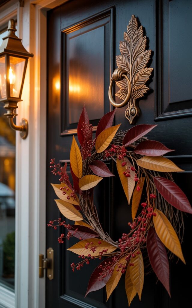 A glamorous nighttime photograph of an elegant house porch focusing on a sophisticated front door with luxurious autumn details. The door showcases an ornate bronze leaf-shaped door knocker with intricate metallic detailing, flanked by two brass wall sconces casting warm amber light across the entrance. A carefully crafted fall wreath made of rich burgundy and golden dried leaves, deep red berries, and textured branches adorns the door, creating an artful contrast against the dark surface. The ambient lighting creates dramatic shadows and highlights the bronze's lustrous finish, while the warm sconce glow bathes the scene in a cozy yet upscale atmosphere perfect for an autumn evening.