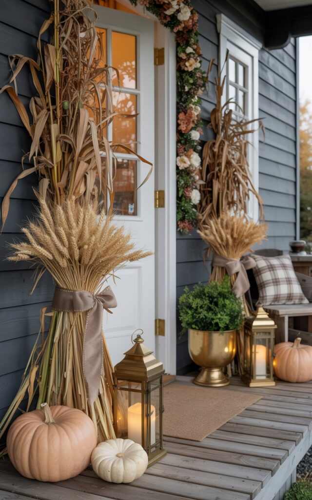A glam-meets-cottagecore style house porch beautifully decorated for fall, with the focus on tall cornstalks and dried wheat bundles arranged elegantly by the entryway. The bundles are tied with burlap and velvet ribbons, standing beside large pumpkins and antique-style lanterns that emit a soft, golden glow. The porch features a mix of rustic and refined elements—think gold-accented planters, cozy plaid cushions, and floral garlands framing the door. Warm afternoon light enhances the soft textures of wheat, wood, and fabric, creating a magical, Pinterest-perfect fall vignette that feels both luxurious and homey.