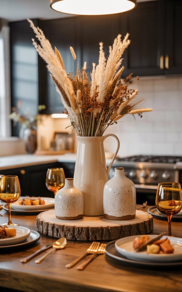 A close-up photograph of an elegant kitchen island centerpiece showcasing a rustic wooden riser adorned with autumn decor. The focal point features a tall cream-colored ceramic pitcher filled with dried pampas grass and wheat stalks, flanked by two smaller hand-painted ceramic vases with subtle speckled glazes in warm ivory tones. Around the centerpiece, carefully arranged dinner plates with golden-brown roasted vegetables, polished copper cutlery, and amber-tinted wine glasses create an inviting tablescape. Soft pendant lighting casts a warm glow over the natural wood grain of the riser, while blurred glimpses of the island's live-edge countertop and brass hardware add luxurious rustic charm to the cozy fall dining scene.