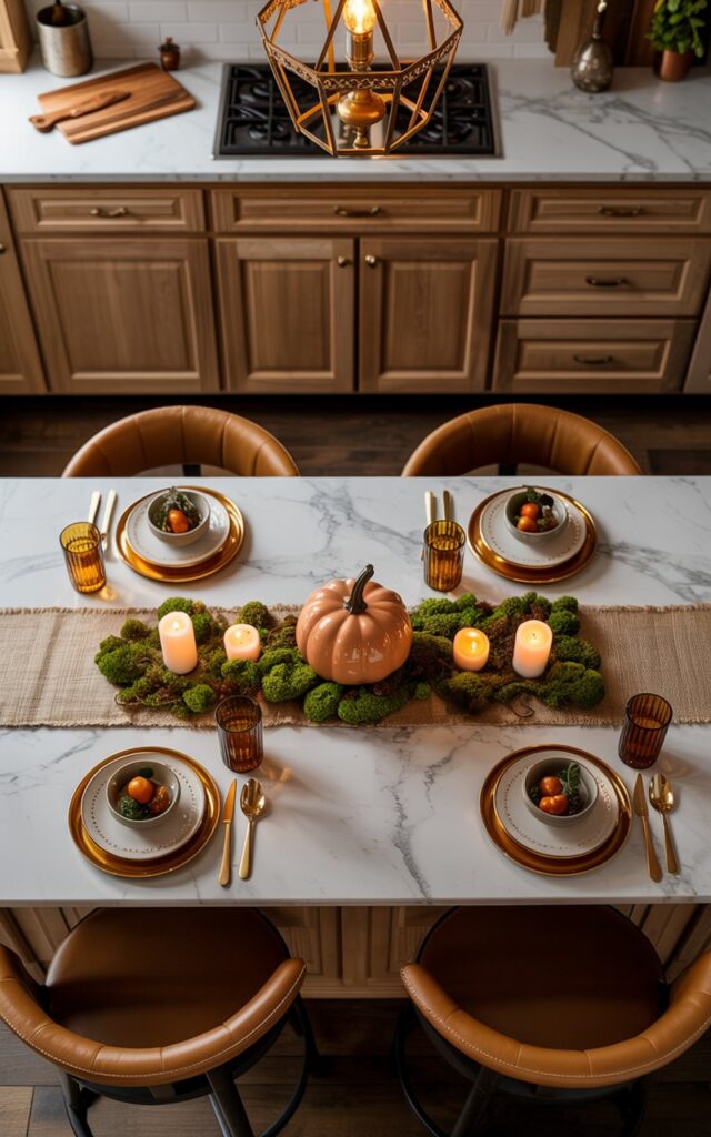 A top-down photograph of a glam-meets-rustic kitchen island showcasing an elegant fall tablescape with sophisticated styling. The marble-topped island features a glossy ceramic pumpkin centerpiece in warm terracotta, surrounded by three flickering votive candles and patches of soft emerald moss arranged on a textured burlap table runner. Artfully plated seasonal dishes, polished copper serving pieces, and neatly arranged leather-upholstered bar stools complete the scene, while kitchen essentials like a wooden cutting board and gold-rimmed glasses add functional elegance. Above, an ornate brass pendant light with geometric detailing casts a warm, ambient glow across the natural wood cabinetry, brushed gold hardware, and rich marble surfaces, creating a luxurious yet cozy autumnal atmosphere.