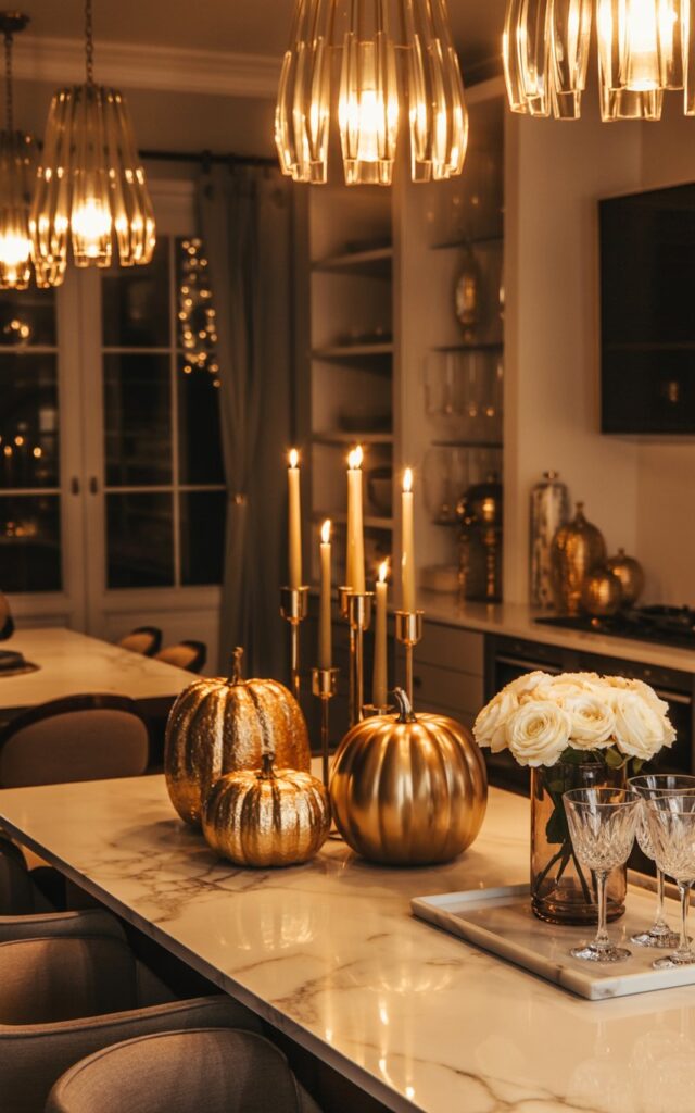 A luxurious open-concept living room and kitchen bathed in the warm, golden glow of elegant pendant lights hanging above a marble-topped central island. Three metallic pumpkins in burnished gold, rich copper, and champagne finishes are artfully arranged alongside tall gold candlesticks with flickering flames, creating an opulent fall centerpiece. The island also features a pristine white marble tray holding crystal wine glasses and a simple glass vase filled with creamy white roses. The surrounding space showcases a perfect blend of glam and vintage elements—velvet furniture, brass accents, and rich textures—all illuminated by the intimate nighttime lighting that casts dancing shadows and creates a cozy, sophisticated atmosphere.