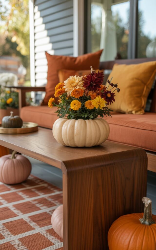 A photograph of a mid-century modern porch decorated for autumn, featuring clean lines and warm wood tones. On a sleek walnut side table, a small cream-colored faux pumpkin serves as a charming planter, overflowing with vibrant orange marigolds, golden chrysanthemums, and deep burgundy dahlias. The porch showcases a low-profile sofa with burnt orange and mustard yellow cushions, accompanied by a geometric patterned rug in earthy tones and several decorative pumpkins in varying sizes scattered thoughtfully around the space. Soft natural sunlight filters through, casting gentle shadows that accentuate the texture of the pumpkin's ridged surface and the delicate flower petals, creating a perfect blend of modernist sophistication and cozy fall warmth.