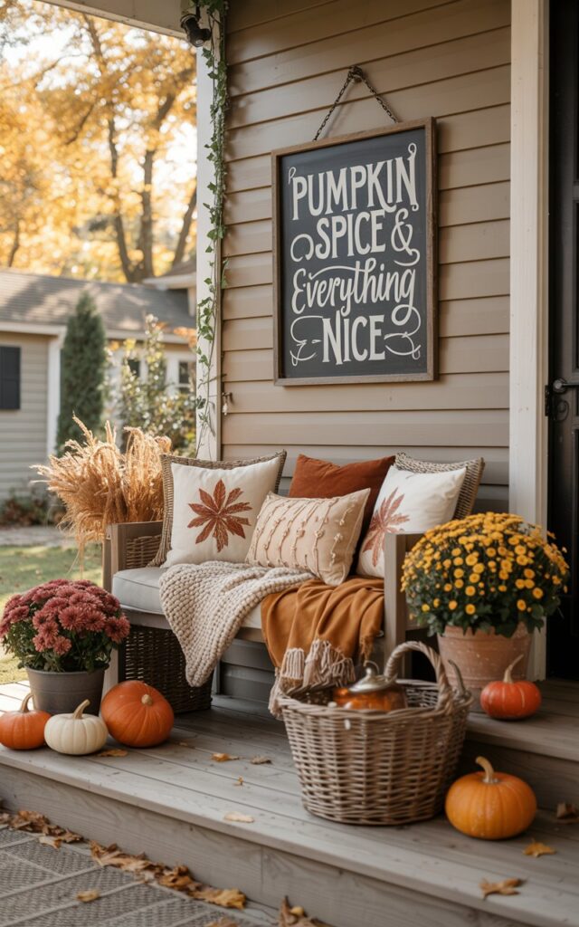 A dreamy photograph of a modern Cottagecore-style house porch decorated with charming fall elements and bathed in soft, golden natural light. The focal point is a cozy seating nook featuring a cushioned wooden bench adorned with cream and rust-colored floral pillows, chunky knitted throws in warm autumn hues, and vintage brass details. Above the seating area, a rustic chalkboard sign displays "Pumpkin Spice & Everything Nice" in whimsical hand-lettered script with decorative flourishes. The surrounding décor includes clusters of small orange and white pumpkins, potted burgundy mums, a woven wicker basket filled with dried wheat stalks, and delicate trailing ivy, all arranged with effortless charm to create a lived-in, seasonally magical atmosphere.