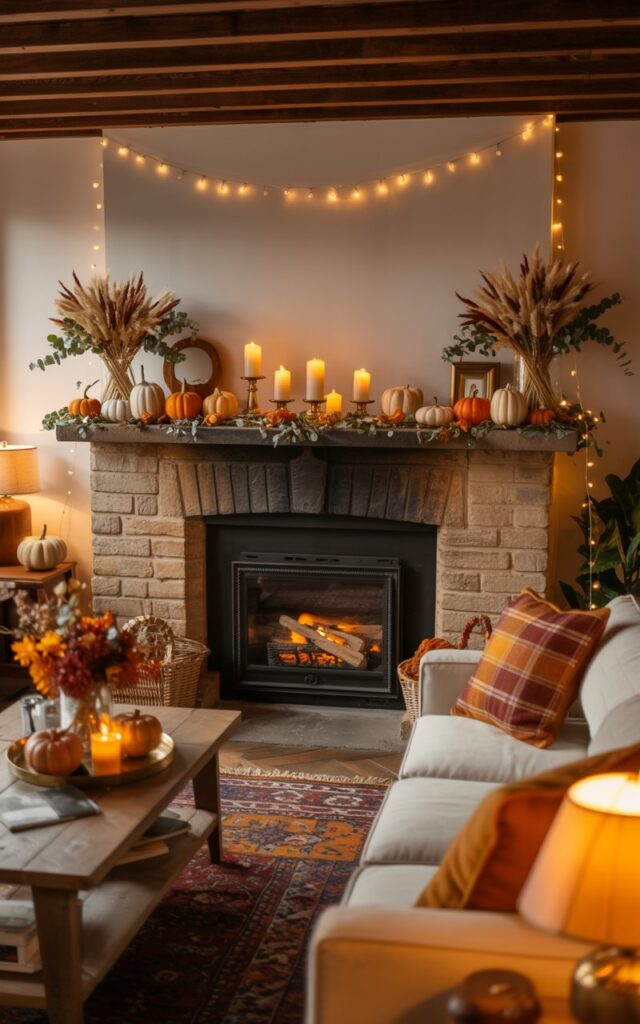 A cozy modern English countryside-style living room photographed at night, with a stone fireplace mantel serving as the enchanting focal point adorned with twinkling warm fairy lights. The mantel displays a perfectly symmetrical autumn arrangement featuring ivory pillar candles in brass holders, miniature orange and cream pumpkins, and bundles of dried wheat and eucalyptus on either side. A plush cream sofa with tartan throw pillows faces the fireplace, accompanied by a rustic wooden coffee table, a Persian-style patterned rug in warm burgundy and gold tones, and soft table lamps casting amber pools of light throughout the space. The fairy lights create a magical golden glow that illuminates the fall décor and wooden ceiling beams, while shadows dance across the walls, evoking the warmth and charm of a storybook cottage retreat.