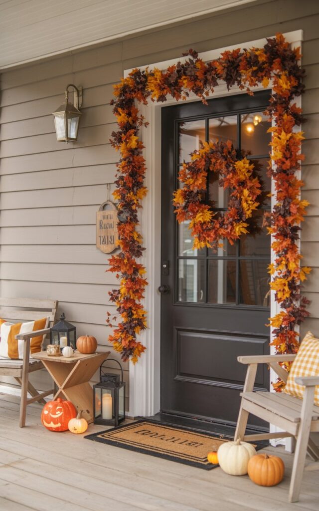 A modern French country-style porch decorated for fall and Halloween, featuring a doorframe layered with vibrant faux leaf garlands. The porch includes rustic wooden furniture, a cozy doormat, and subtle Halloween accents like mini pumpkins and lanterns. Soft autumn lighting highlights the warm tones of the garlands, creating a welcoming, festive, and stylish seasonal atmosphere that blends French country elegance with playful Halloween charm.