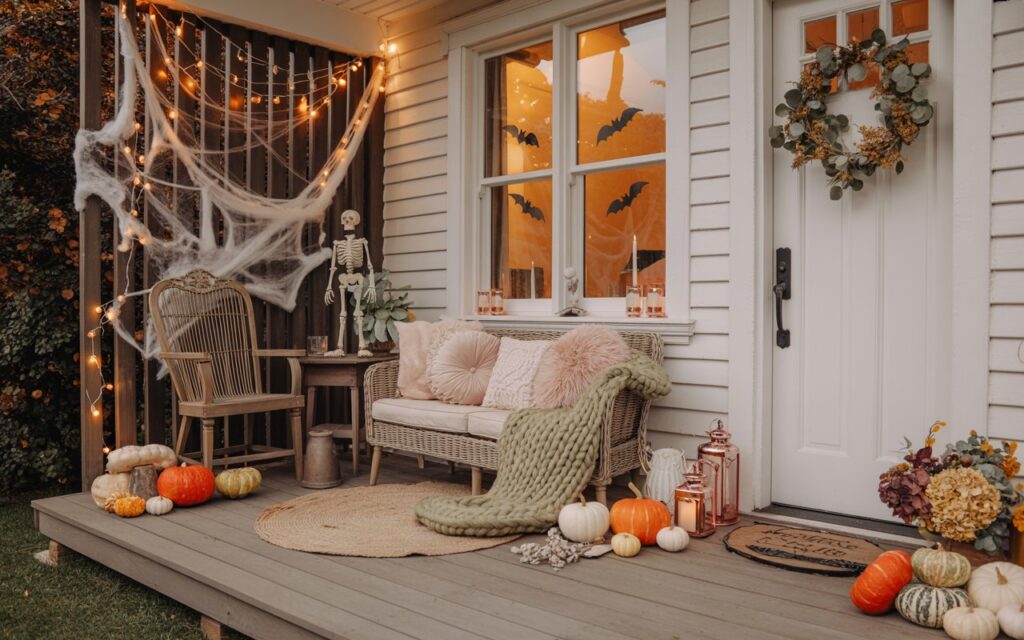 A photograph of an enchanting modern cottagecore porch decorated for fall and Halloween, featuring elegant wicker seating adorned with blush pink and cream plush cushions and a chunky knit throw blanket in sage green. Delicate fairy string lights cascade from the white-painted porch ceiling, creating a warm amber glow that illuminates carefully placed Halloween décor including an artfully draped faux spider web in the corner, a charming miniature skeleton perched on a vintage wooden chair, and elegant black bat silhouettes adorning the window glass. The scene is completed with an abundance of mini orange and white pumpkins, textured gourds scattered across the wooden deck, a handwoven jute doormat, and a lush autumn wreath featuring dried hydrangeas and eucalyptus hanging on the front door. Rose gold metallic lanterns and soft candlelight add glamorous touches to the natural wood textures and muted pastel palette, creating a whimsical yet sophisticated autumn sanctuary.