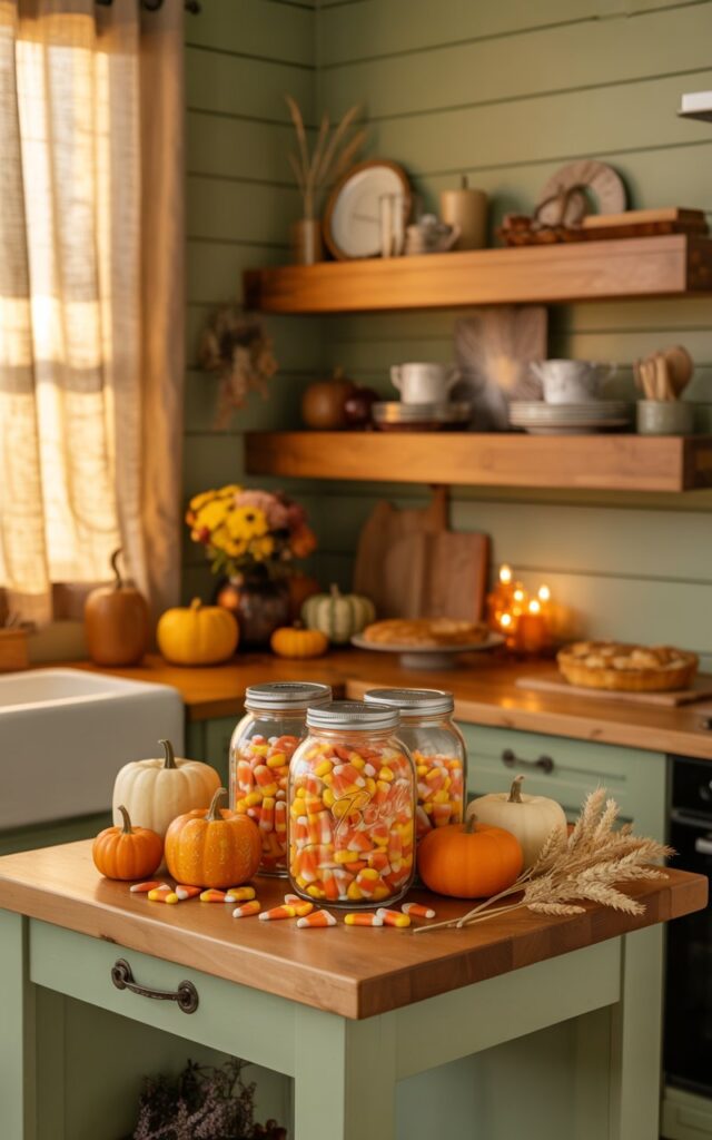 A photograph of a modern cottagecore kitchen featuring a charming small wooden island decorated for fall and Halloween festivities. The centerpiece consists of 2-3 clear mason jars filled with vibrant candy corn in orange, yellow, and white stripes, creating a playful focal point surrounded by miniature orange and cream pumpkins, flickering amber candles, and sprigs of seasonal mums and dried wheat. The kitchen showcases warm honey-colored wood accents, shiplap walls painted in soft sage green, and open shelving displaying vintage ceramic dishes and fresh baked goods like cinnamon rolls and apple pie. Golden afternoon light streams through linen curtains, casting a cozy glow across the lived-in space with its perfect blend of rustic charm and contemporary comfort.