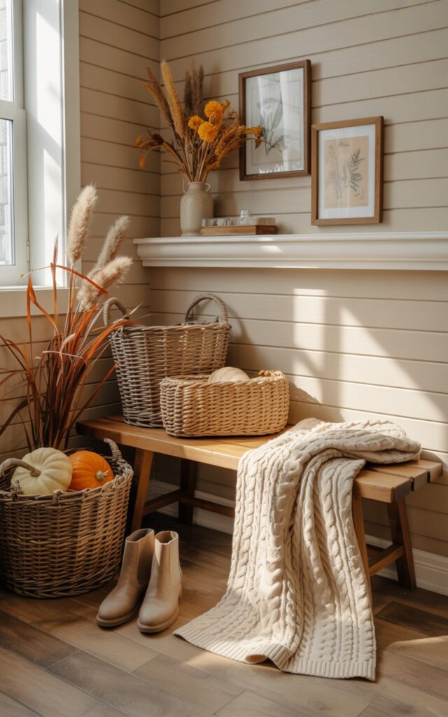 A cozy modern cottagecore entryway featuring a wooden bench against a cream-colored shiplap wall, topped with a chunky cream cable-knit throw draped invitingly across one corner. The bench is flanked by woven rattan baskets filled with dried pampas grass and mini pumpkins, while a pair of worn leather ankle boots sits casually on the floor nearby. Above the bench, vintage-style botanical prints in wooden frames complement a small ceramic vase filled with dried wheat stalks and orange marigolds. Soft morning light streams through a nearby window, casting gentle shadows across the warm honey-toned wood floors and illuminating the rustic textures and muted autumn palette of burnt orange, sage green, and cream throughout the charming space.