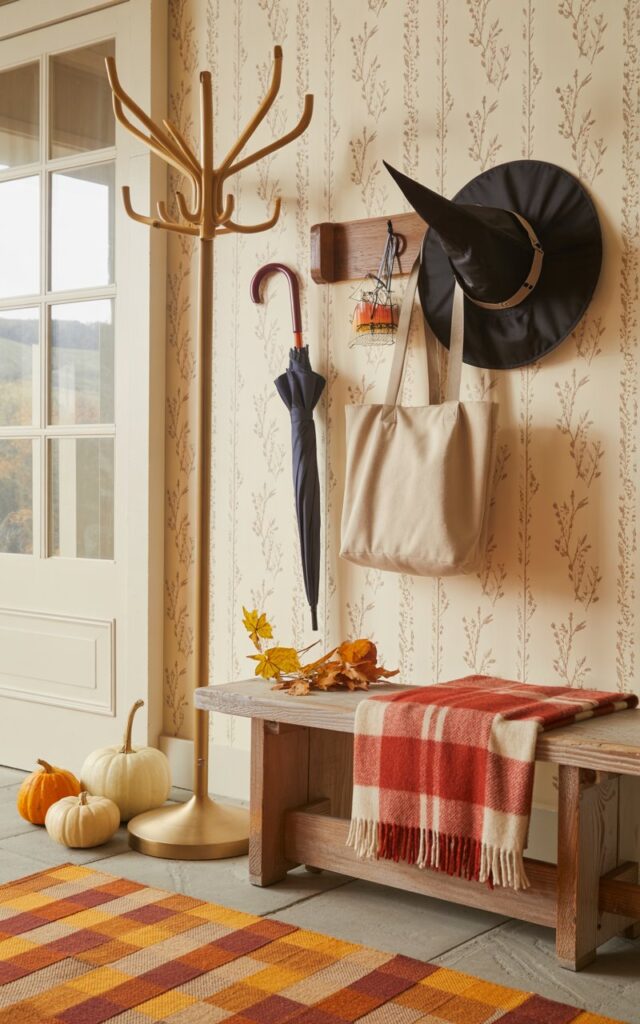 A photograph of a modern countryside entryway featuring warm, welcoming décor with rustic charm. A tall wooden coat rack stands beside a weathered oak bench draped with a red and cream plaid wool blanket, while a classic black witch hat hangs playfully next to a navy umbrella and canvas tote bag. The space is anchored by cream wallpaper with delicate botanical patterns and a bright geometric runner in autumn tones of burnt orange and gold. Soft, diffused natural light filters through nearby windows, illuminating scattered mini pumpkins, dried maple leaves, and other subtle fall accents that create a cozy, slightly whimsical Halloween atmosphere.