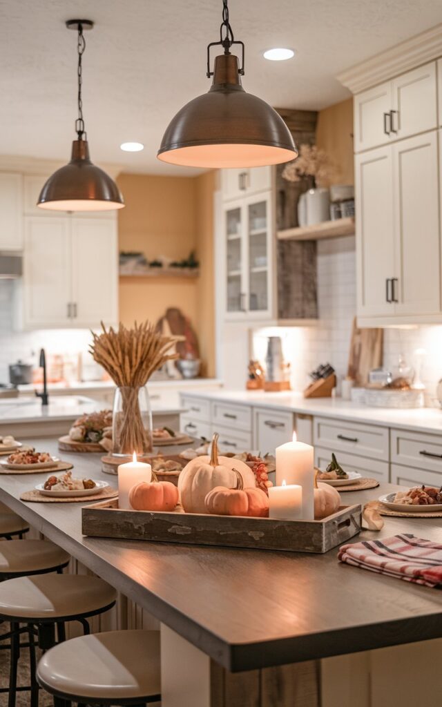 A photo of a modern farmhouse-style fully furnished kitchen with a large central island. The island is topped with a rustic wooden tray filled with 3-4 small pumpkins and 2 candles. The space features warm neutral tones, white shaker cabinets, wood accents, and brushed metal fixtures. A pendant light with a bronze finish hangs above the island, casting a soft golden glow. The island has bar stools, food served, and subtle fall décor touches like a plaid dish towel or vase of dried wheat. The overall mood is cozy, welcoming, and autumnal.