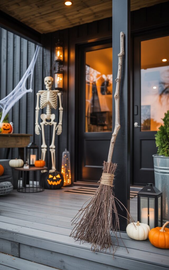 A modern industrial-chic style porch decorated for Halloween. A witch’s broom made of twigs and twine is propped casually near the entrance, surrounded by other spooky décor such as mini pumpkins, lanterns, a LED-lit skeleton, and faux spiderwebs. The porch features metal and wood elements, sleek furniture, and warm ambient lighting, creating a stylish yet slightly eerie fall atmosphere that balances industrial edge with seasonal Halloween charm.