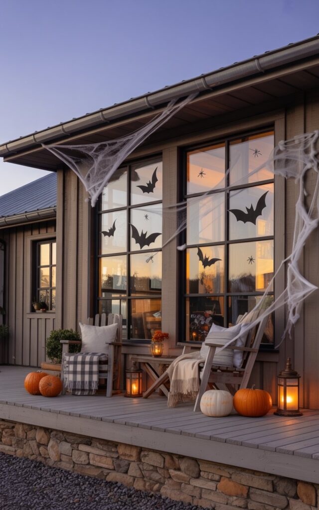 A photograph of a modern rustic farmhouse viewed from a spacious covered porch at twilight, showcasing elegant Halloween decorations. The large picture windows are adorned with sleek black bat silhouette decals, delicate artificial spider webs stretched across the corners, and small seasonal accents, while warm golden light from inside creates a welcoming glow against the weathered wood siding and natural stone foundation. The front porch is thoughtfully styled with carved orange pumpkins of varying sizes, vintage brass lanterns casting soft light, and cozy layered textiles like plaid throw blankets draped over rustic wooden chairs. The dusky purple sky and gentle evening light create a perfect balance between sophisticated style and playful Halloween spirit, making the home feel both inviting and festively decorated.