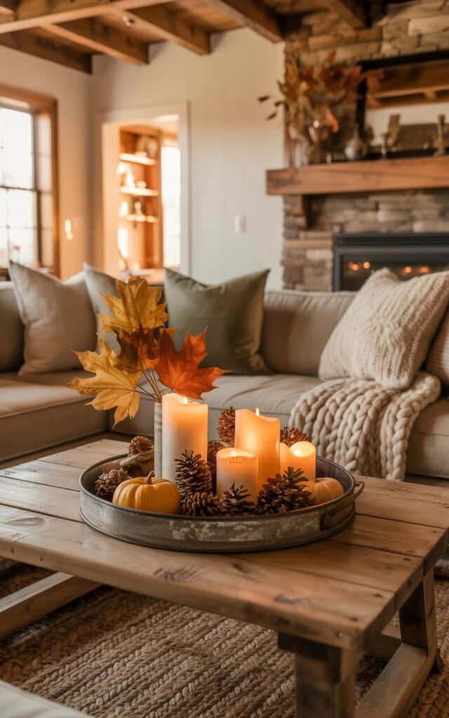 A photograph of a modern rustic farmhouse living room bathed in warm, golden lighting that creates a cozy autumnal atmosphere. At the center sits a reclaimed wooden coffee table styled with a weathered metal tray containing scattered pinecones, cream-colored pillar candles of varying heights, dried maple leaves in amber and rust tones, and small pumpkins. A plush linen sofa in warm taupe is adorned with chunky knit throw blankets in ivory and sage green, while a jute braided rug anchors the seating area beneath. Exposed wooden ceiling beams cast gentle shadows overhead, complemented by shiplap accent walls and a stone fireplace in the background, creating the perfect blend of rustic charm and contemporary comfort.