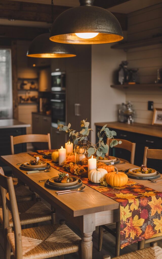 A photograph of a modern rustic farmhouse dining area adjacent to the kitchen, bathed in the warm glow of a vintage-style pendant light suspended above a reclaimed wood table. The dining table is adorned with a vibrant fall-patterned table runner in deep oranges and golden yellows, complemented by an artful arrangement of miniature pumpkins, flickering pillar candles, and sprigs of eucalyptus and maple leaves. Served dinner plates with autumn-inspired dishes sit at each place setting, surrounded by sturdy wooden farmhouse chairs with woven rush seats. The space showcases a perfect blend of rustic elements like exposed wood beams and shiplap walls with modern touches such as sleek cabinet hardware and contemporary light fixtures, all enveloped in the cozy, golden illumination that creates an inviting autumn evening atmosphere.