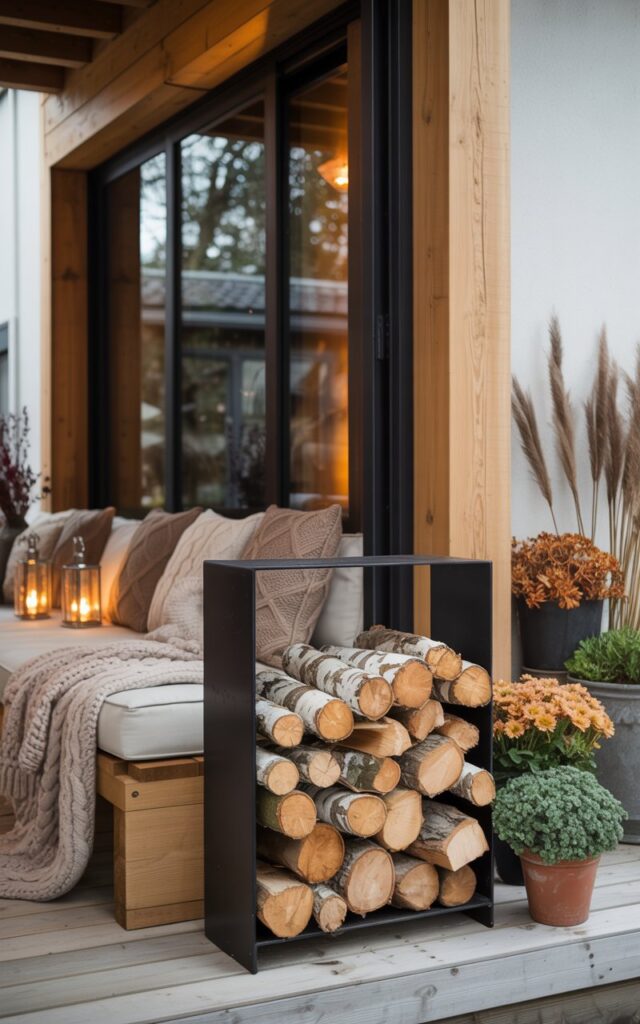 A photograph of a modern rustic porch showcasing clean architectural lines with exposed wooden beams and a mix of warm natural materials. A sleek black metal firewood rack sits beside comfortable seating, filled with neatly stacked birch and oak logs that create beautiful texture against the minimalist framework. The seating area features plush neutral cushions in cream and taupe, chunky cable-knit throws in warm ivory, and glowing lanterns casting soft amber light across the space. Terracotta pots filled with autumn mums, ornamental kale, and dried pampas grass complete the seasonal styling, while the gentle interplay of black metal and honey-toned wood creates an inviting, sophisticated atmosphere.