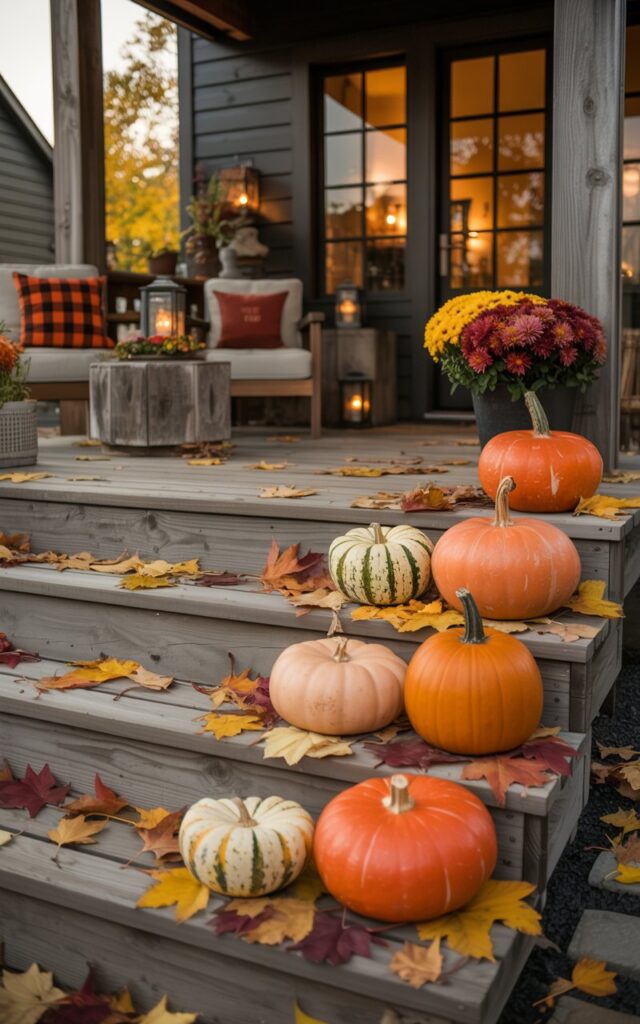 A photograph of a modern rustic-style house porch beautifully decorated for autumn, featuring wooden steps leading to a welcoming front door. Three to four pumpkins in varying sizes, from deep orange heirloom varieties to pale cream and speckled gourds, are artfully arranged in a cascading pattern along the weathered wooden steps. The porch showcases a cozy seating area with buffalo plaid cushions in warm reds and blacks, complemented by rustic wooden furniture, glowing lanterns, and small potted chrysanthemums in rich burgundy and golden yellow hues. Warm, golden evening light bathes the entire scene, casting long shadows and highlighting the texture of scattered autumn leaves in amber, crimson, and burnt orange across the steps and porch floor.