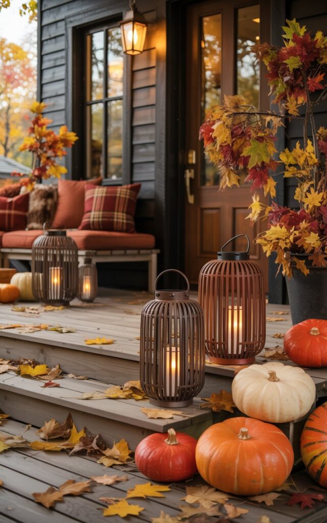 A photograph of a modern rustic-style house porch beautifully decorated for autumn, featuring a warm wooden floor and inviting seating area with rich plaid cushions in deep reds and oranges. On either side of the front door, 2-3 lanterns of varying heights in mixed metals—matte black, weathered bronze, and burnished copper—cast a warm, flickering glow across the space. Orange and cream pumpkins of different sizes are artfully scattered around the porch, nestled among vibrant fall foliage with maple and oak leaves in shades of amber, crimson, and gold. Soft golden evening light filters through the scene, while fallen leaves are gently scattered across the wooden porch steps, creating a cozy and welcoming seasonal atmosphere.